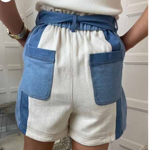 FRNCH Sylvia woven cream blue patchwork colorblock belted high rise shorts - Picture 13 of 14